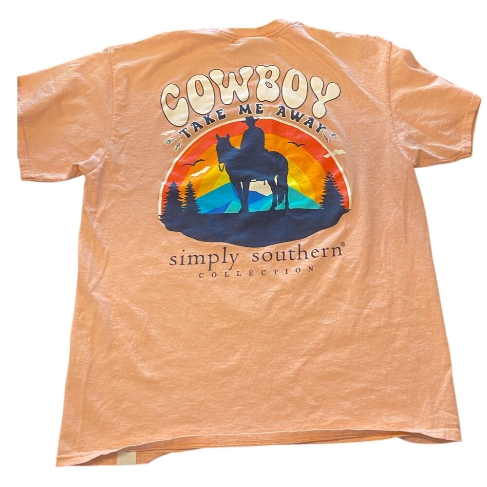 Simply Southern‎ “Cowboy Take Me Away” Graphic Tee Peach Pink L Western Rodeo